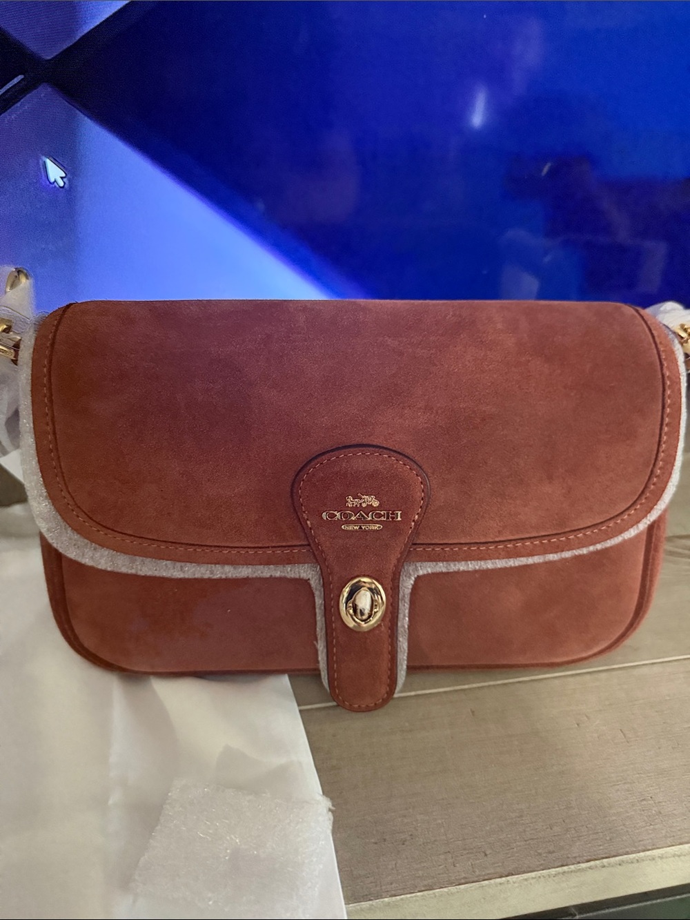 Coach Suede Turnlock Shoulder Bag in Rust Brown with Gold Hardware